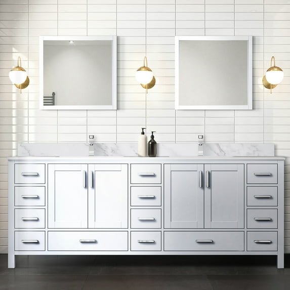 White Double Bath Vanity 84 In. With Marble Top - Solid Wood Material Soft Close Technology 14 Drawers & 2 Cabinets For Ample Storage Scratch And Stain Countertop Pre-drilled Single Hole Faucet W