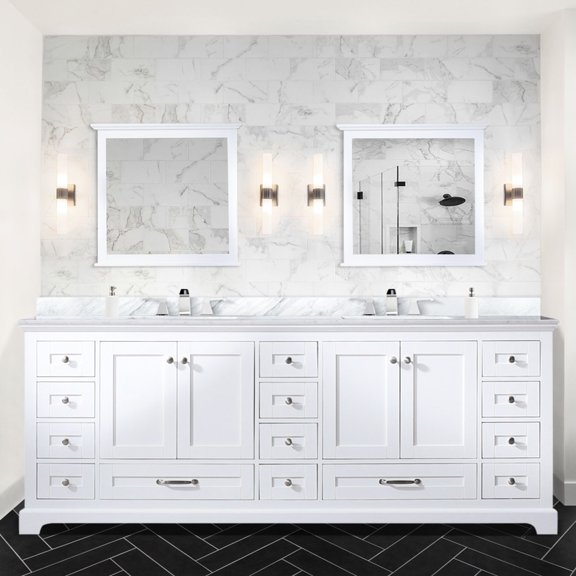 White Double Bath Vanity - 84 In. W X 22 D Marble Top & 34 Mirrors Soft Close Hardware Two Cabinets And Fourteen Drawers For Ample Storage Space Scratch Stain Counter With Smooth Performance