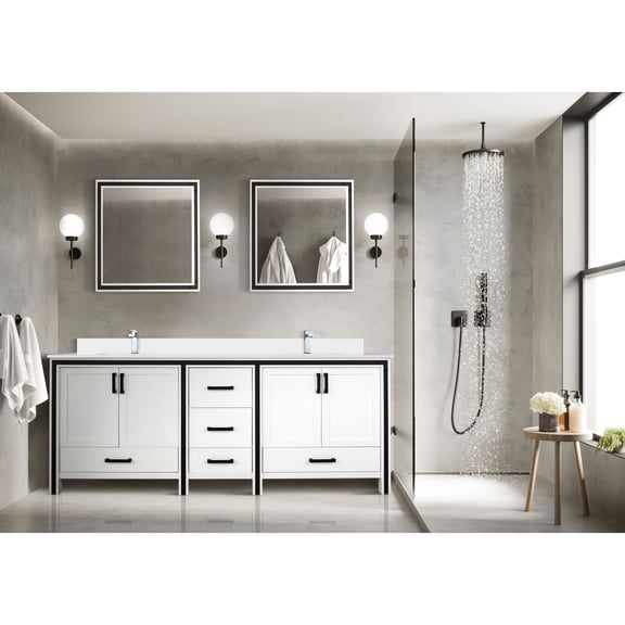 White Double Bath Vanity 84 In. X 22 - Solid Wood, Quartz Top, Soft Close, Scratch And Stain Counter, 2 . Cabinets & 5 Drawers For Storage, Pre-drilled Faucet Hole 84" W 22" D Countertop, Close