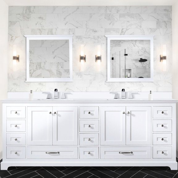 White Double Bath Vanity 84 in. W with Cultured Marble Top and Chrome Faucet / Soft Close, Scratch - Resistant Storage