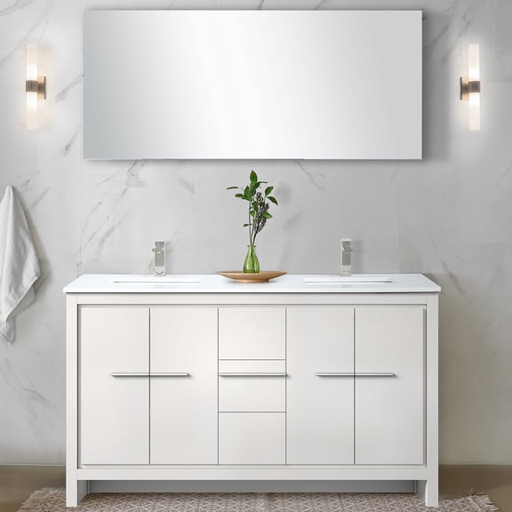 White Double Bath Vanity With Quartz Top And Brushed Nickel Faucet - 60" W X 20" D For Modern Bathroom Aesthetics Stylish Decor