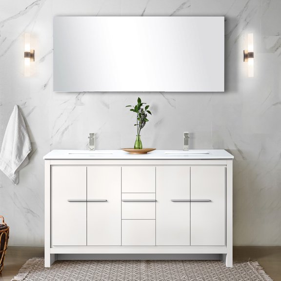 White Double Bath Vanity With Quartz Top And Brushed Nickel Faucet - 60" W X 20" D For Modern Luxurious Bathroom Contemporary Style Function