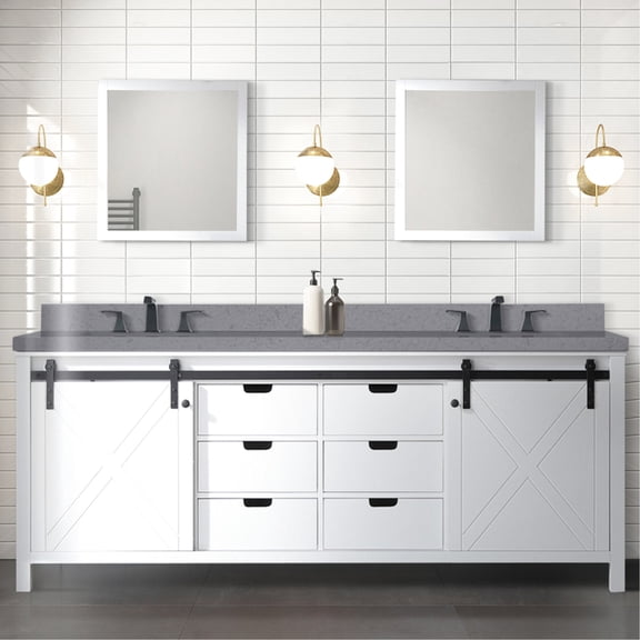 White Double Bath Vanity with 84 in. Width, Grey Quartz Top / Solid Wood Frame, Storage & Easy Installation