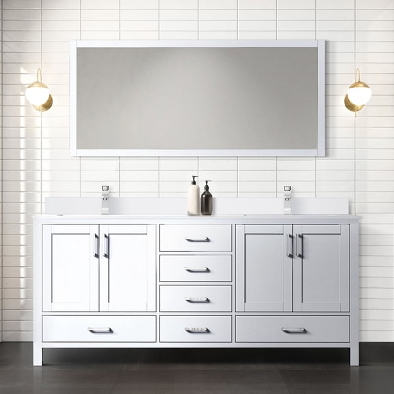 White Double Bath Vanity with Chrome Faucet and 70 - inch Mirror | For a Complete Bathroom Setup | Get a Durable Scratch - proof Countertop