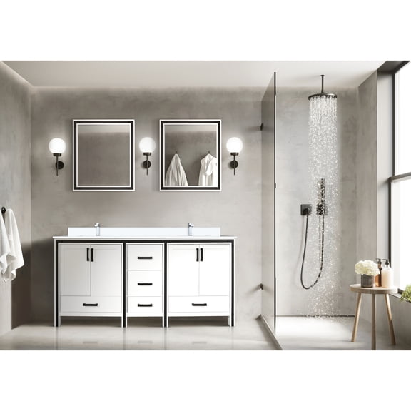 White Double Bathroom Vanity 72 In. W X 22 D, Marble Top, Faucet And 30 Mirrors - To Damage Cultured Top & Faucet, Scratch- Finish