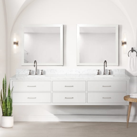 White Double Bathroom Vanity With Marble Top & 36 In. Mirrors - Soft Close, Filler Bath Surface And Wood