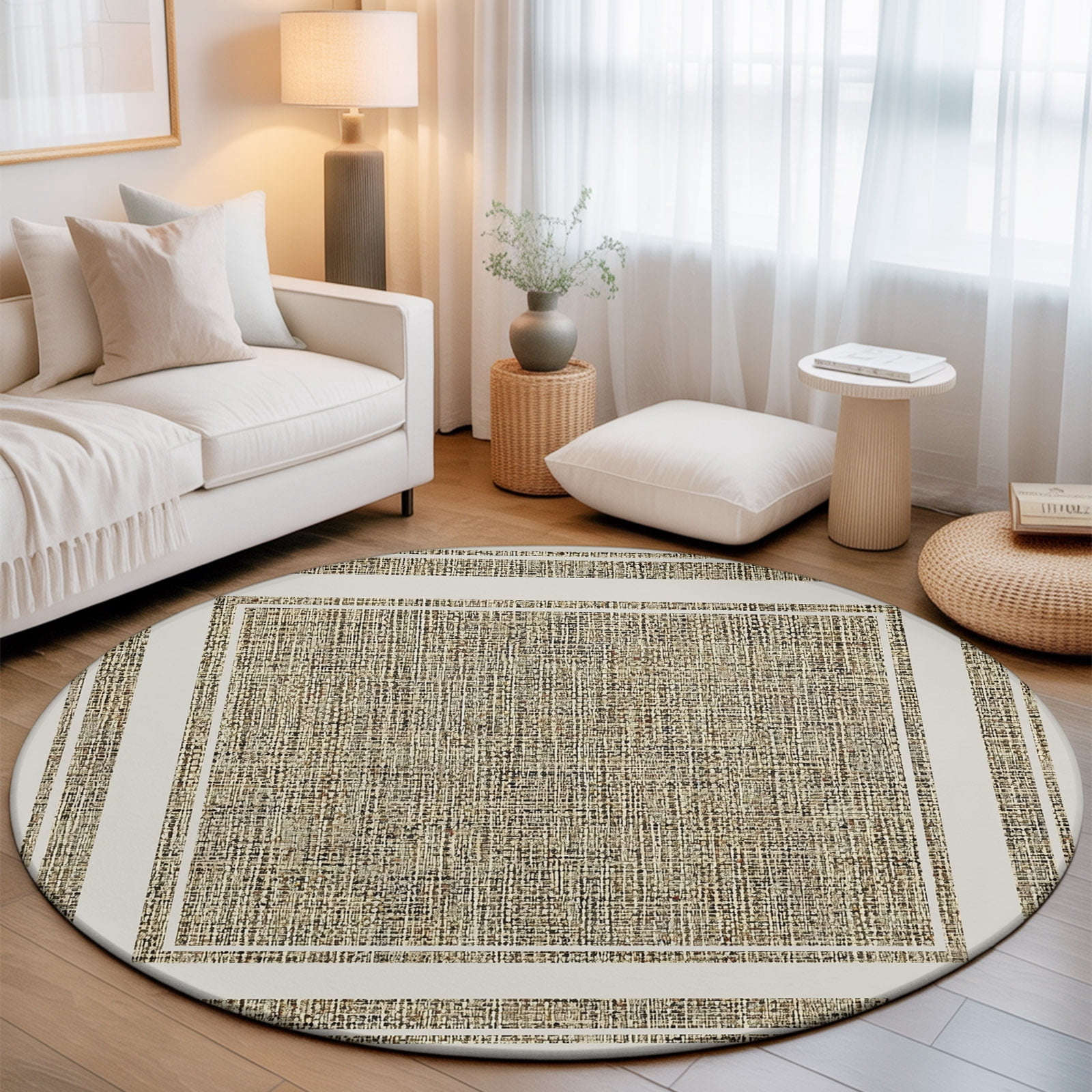 Candy Round Rug White Double Border Large Round Rug 7Ft Farmhouse Linen Woven Texture ...