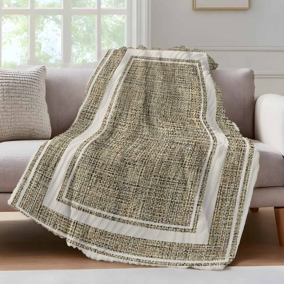 White Double Border Throw Blanket for Couch Farmhouse Linen Woven Texture Beige Soft and Warm Flannel 3D Striped Fuzzy Fleece Blanket Lightweight Throw for Bed, Sofa 30 x 40 Inches