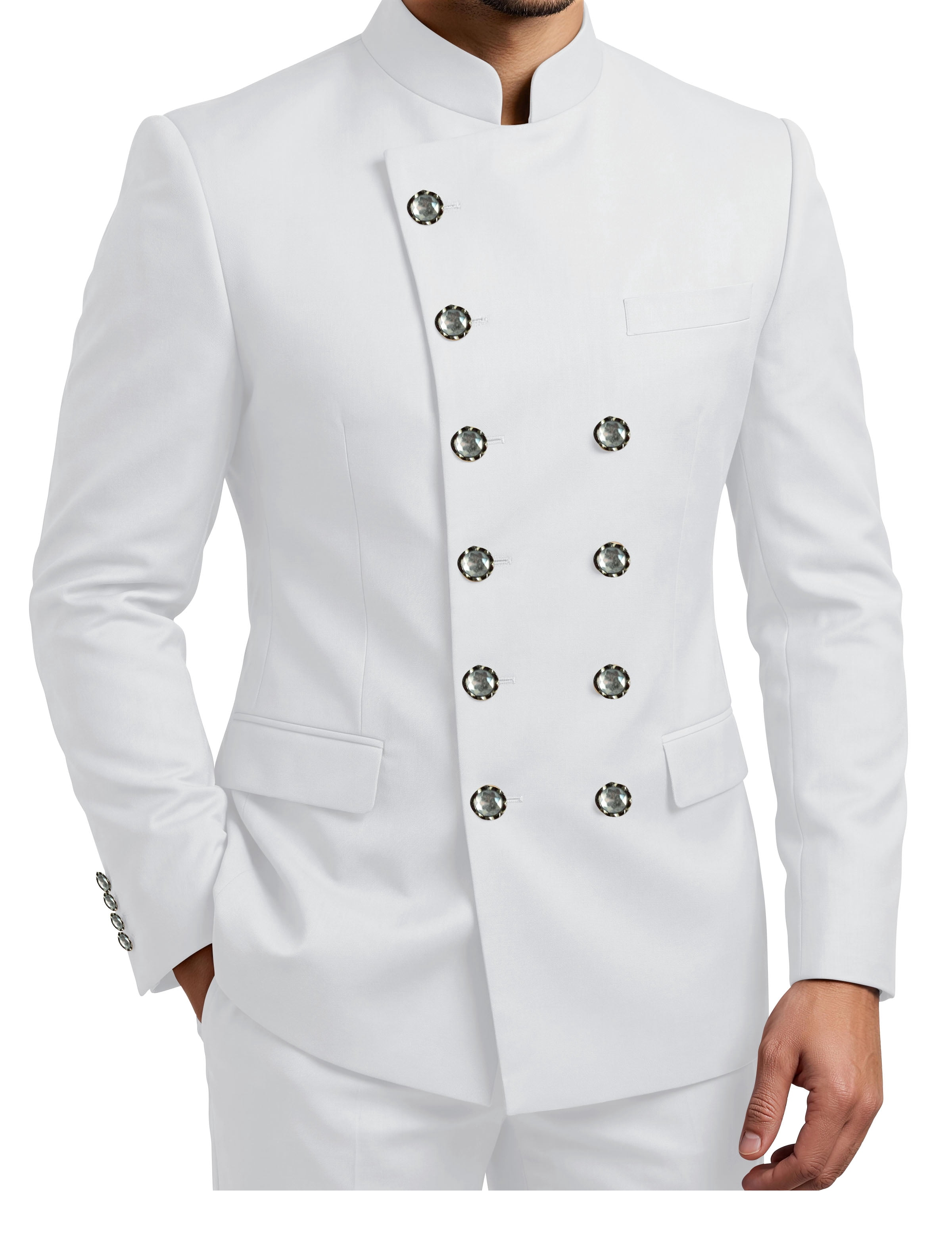 White Double Breasted Mandarin Collar Suits for Men 2 Piece Tunic