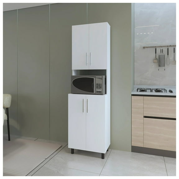 White Double Cabinet Kitchen Pantry with Open Storage White + White + Kitchen + Rectangular + Stationary Kitchen Islands + Particle Board + Small (less than 40in)