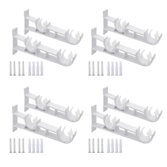 White Double Curtain Rod Wall Mount Brackets 8Pieces Set with Secures Lock Buckle Support Heavy Drapery Poles Holders