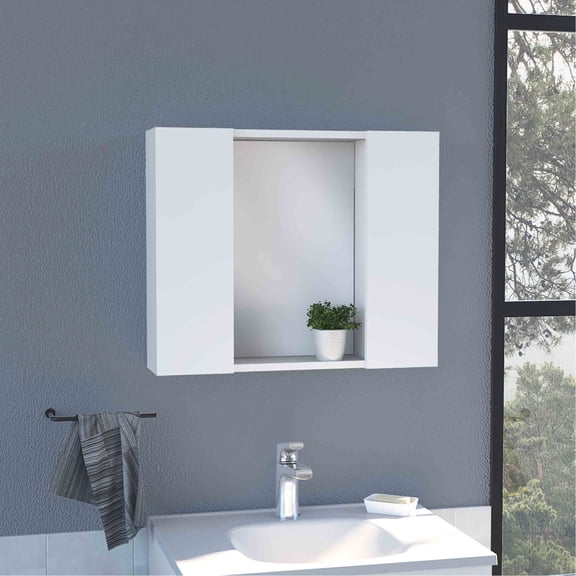 White Double-Door - Small Open Shelf - Bathroom Storage - Extra Display Space