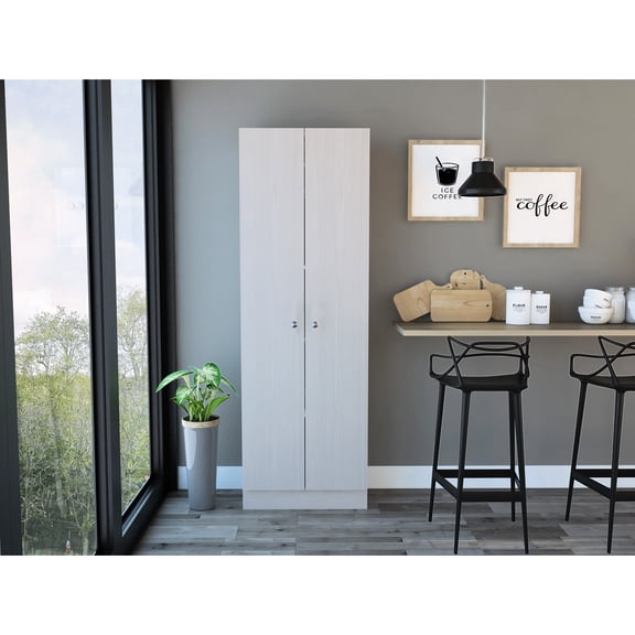 White Double Door Storage Cabinet - Five Shelves For Kitchen, Garage, Living Room Spacious, Filled, Contemporary Style In Utility High Space, Easy Installation, Particle Board Construction