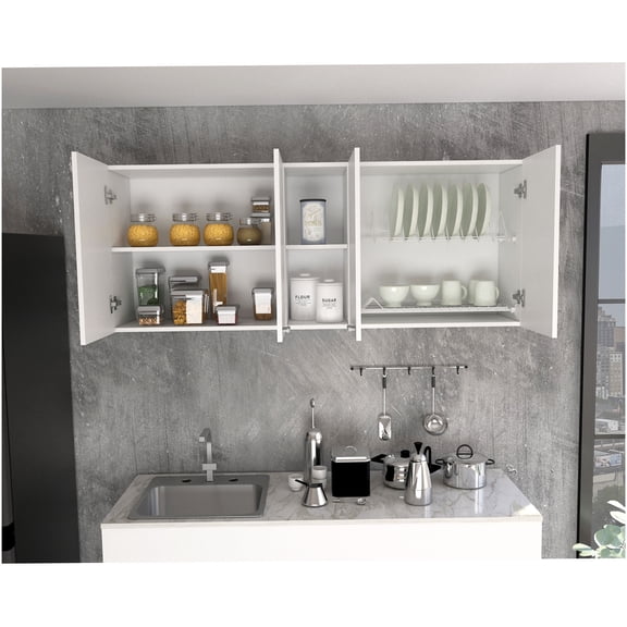 White Double Door Wall Cabinet with Built-in Dish Rack, Ontario Style Modern Kitchen Storage Unit