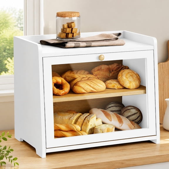 White Double Layer Bamboo Bread Box for Kitchen Countertop, 2-Tier Large Bread Storage Container, Perfect for Homemade and Sourdough Loaf Organizer