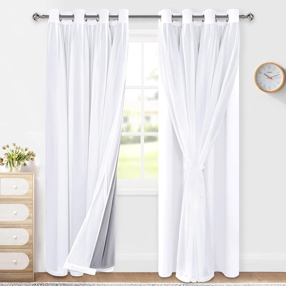 White Double Layer Curtains, 100% Blackout Curtains with Sheer Overlay for Nursery, Living Room, Children's Room, Grommet Thermal Insulated Privacy Curtains with Tiebacks, 2 Panels, 52x84