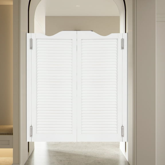 White Double Louver Door, 35.83in Width Pine Wood Construction, 180 Swing with Silent Hinges, for Indoor Space Division and Privacy