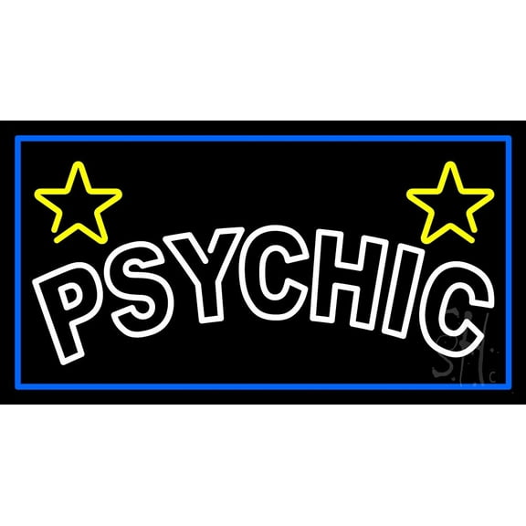 White Double Stroke Psychic Blue Border LED Neon Sign 13" Tall x 24" Wide - inches Black Square Cut Acrylic Backing, with Dimmer - Bright and Premium built indoor LED Neon Sign for Storefront.