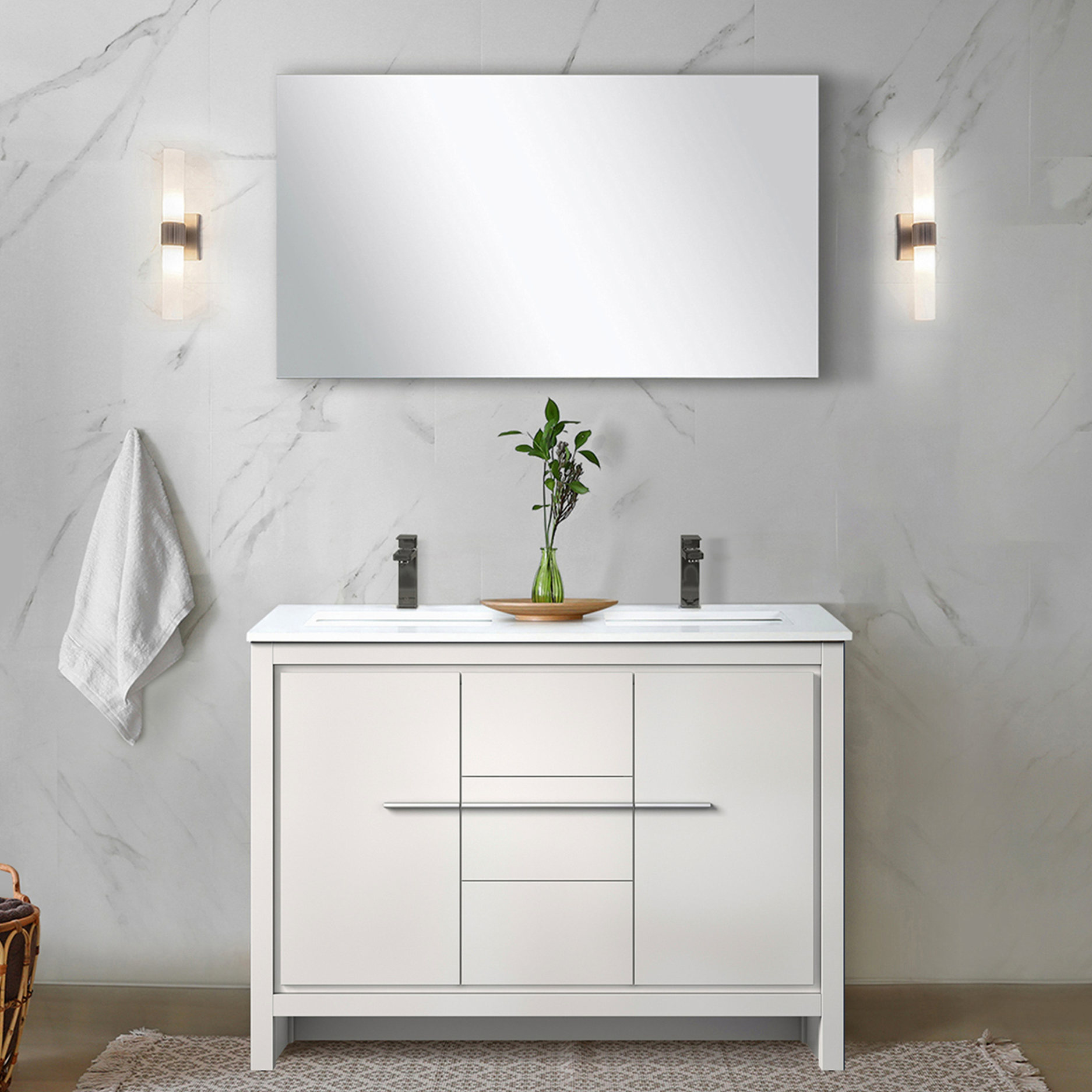 White Double Vanity with Marble Top | Durable Surface & Faucet Set