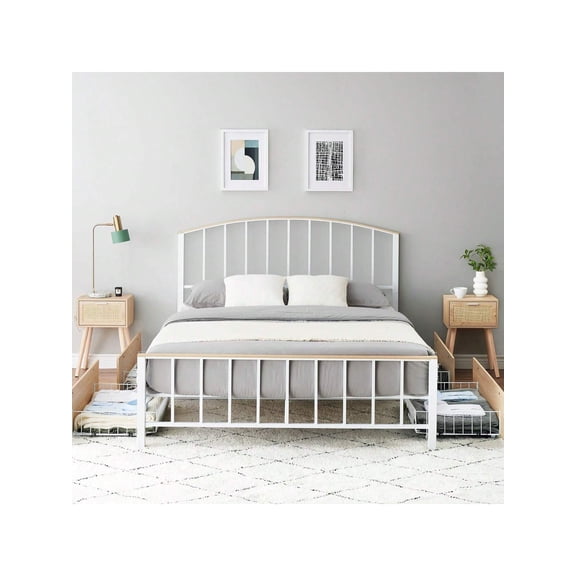 White Double bed Queen Size Platform Bed Frame With 4 Storage Drawers On Wheels Queen Platform Bed Frame With Headboard And Footboard, Mattress Foundation With Metal Slats Support, No Box Spring Need