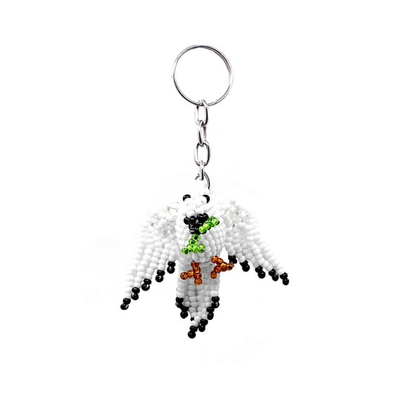 White Dove Bird Czech Glass Seed Bead 3D Figurine Keychain Metal Ring - Handmade Gifts Boho Car Keys Bag Animal Accessories