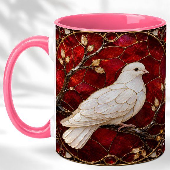 White Dove Coffee Mug, Red Mosaic Bird Mug, Ceramic 11 oz