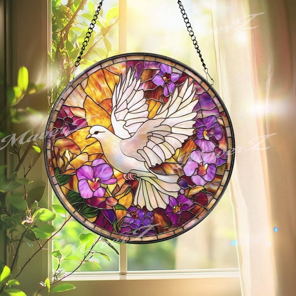 White Dove Glass Suncatcher, Floral Violet Peace Bird Window Hanging, 6.3 in