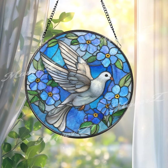 White Dove Glass Suncatcher – Peace Bird Window Art, Blue Floral Decor, Serenity Gift, Spiritual Home Accent, Nature Wall Hanging, Suncatcher Window Hanging, 6.3 in