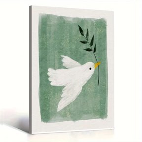 White Dove Olive Branch Wall Art for Living Room Bedroom, Minimalist Watercolor Canvas Painting, Modern Peace Artwork Home Decor 12x16