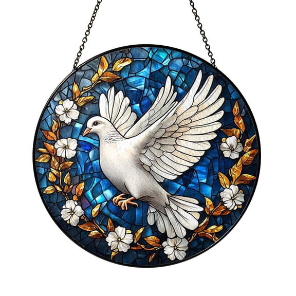 White Dove Stained Glass Suncatcher Round Window Hanging, Peace Bird Sun Catcher Christian Home Decor Gift