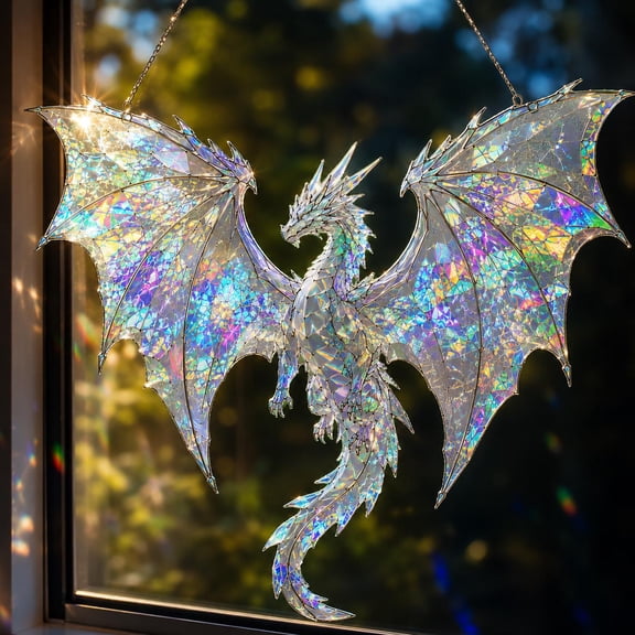 White Dragon Acrylic Suncatcher, Window Hanging, Iridescent Dragon, Fantasy Decor, Dragon Lover Gift size 8in