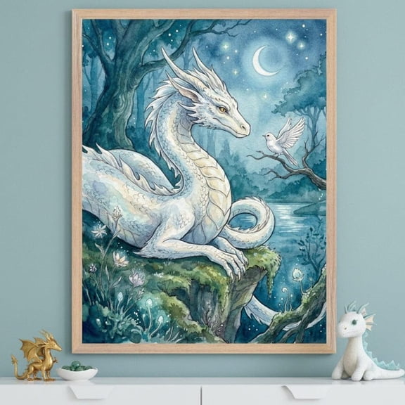 White Dragon Celestial Moon Stars Wall Decor Unframed Paper Print