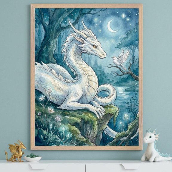 White Dragon Ethereal Aesthetic Wall Art Mythical Dragon Print Celestial Nursery Unframed Paper Print