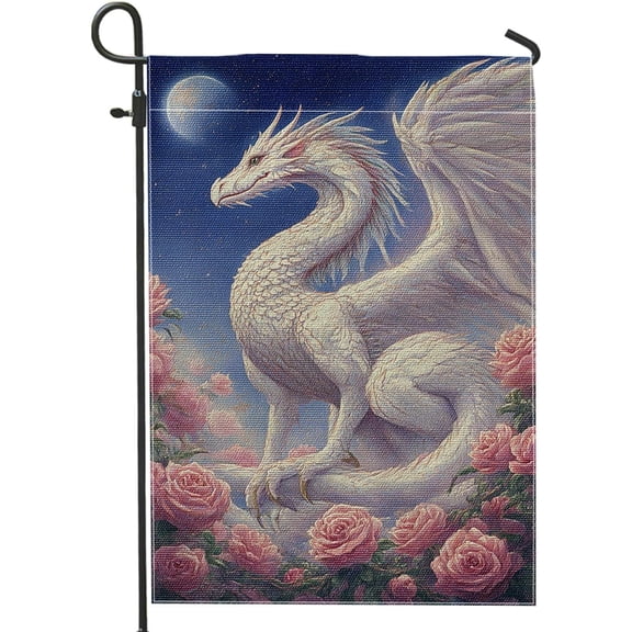 White Dragon Garden Flag, Floral Burlap Outdoor Lawn Decoration, Double Sided Home Decor Banner for Spring and Summer, 12 x 18 Inch