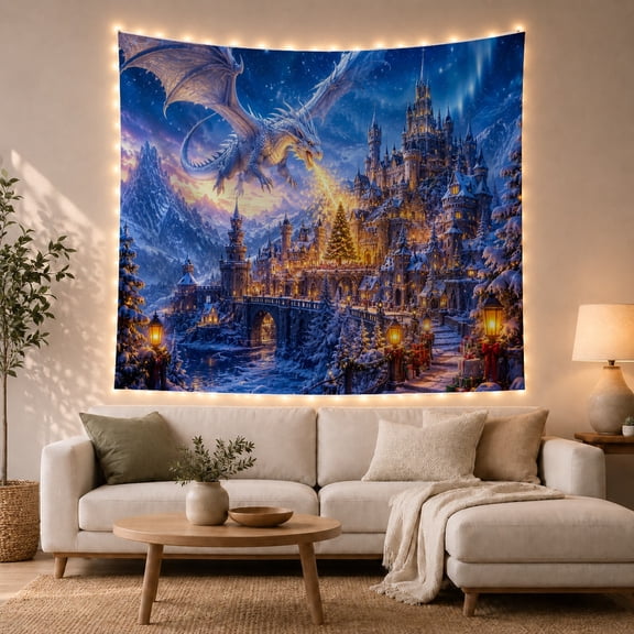 White Dragon and Medieval Castle in Snowy Night, Mystical Digital Art for Fantasy Enthusiasts, Epic Winter Landscape Art, Christmas Gift, Tapestry Wall Hanging for Bedroom and Living Room