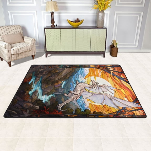 White Dragon Mountains Lake Sun Trees Area Rug Washable 72 x 48 Floor Carpet Mat Non Slip for Bedroom Living Room Kids Room Home Decor