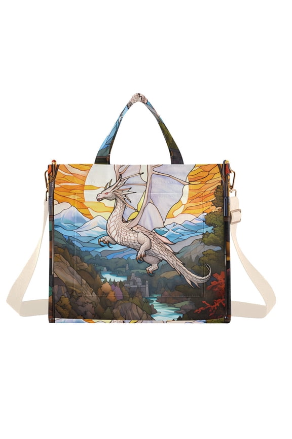 White Dragon Mountains Lake Sun Trees Corduroy Tote Bag Handbag Large Messenger Bag Shoulder Crossbody Zipper Bag Purse
