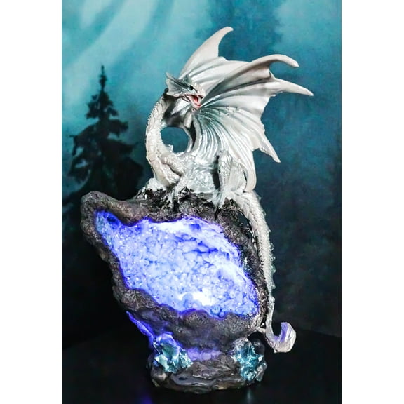 White Dragon On Colorful LED Quartz Faux Geode Rock Stalactite Cove Figurine