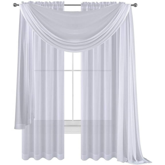 White Drape/Panels/Scarves/Treatment Beautiful Sheer Voile Window Elegance Curtains Scarf for Bedroom & Kitchen Fully Stitched and Hemmed 84 inch size, 3 piece set