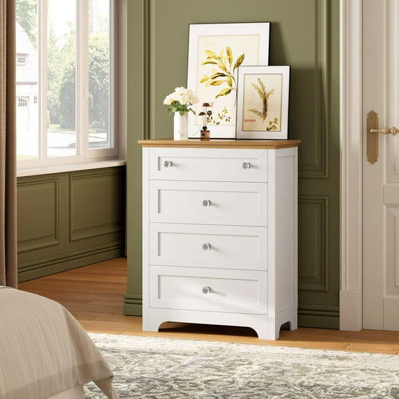 White Drawer Dresser with LED Light- 4 Drawer Dressing Cabinet with Cristal Knobs,4 Drawer Chest,Modern Makeup Vanity Table Tall Chest of Drawer Closet Organizer for Small Space,Bedroom,Living Room