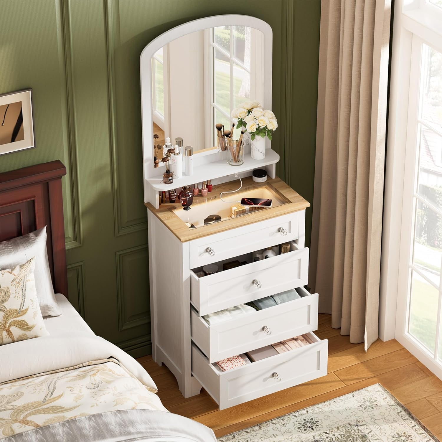 white dresser mirror Drawer with Mirror, 4 Drawer Storage Cabinet with Crystal Knobs, Built-in Charging Station & LED Strip, Modern Makeup Vanity for Bedroom Living Room Entryway Clean lines and a Off the Shoulder Wedding Dresses Taille:24 (3-4y) Stacees Applique Halter Fitted Vanity desk
