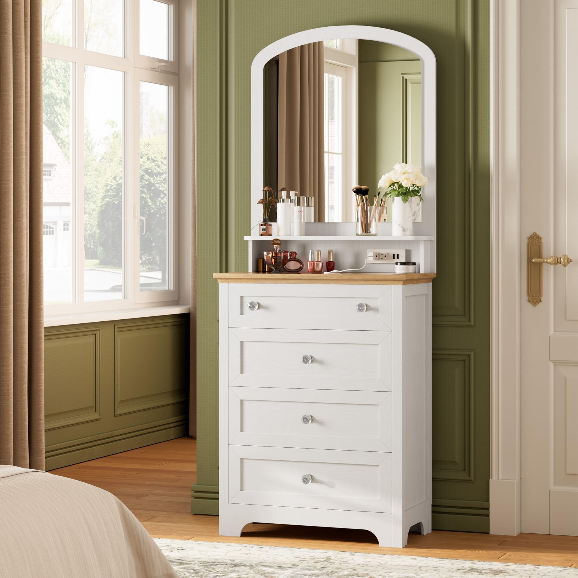 White Drawer Dresser with Mirror - Charge Station and LED Strip,4 Drawer Cabinet with Cristal Knobs,Modern Makeup Vanity Table Tall Chest of Drawers ... White Drawer Dresser with Mirror - Charge Station and LED Strip,4 Drawer Cabinet with Cristal Knobs,Modern Makeup Vanity Table Tall Chest of Drawers ...