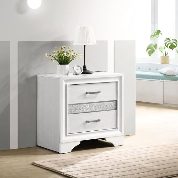 White Drawer Nightstand | Bedroom Use, Smooth - opening Drawers, Felt - lined Hidden Drawer | Made of Rubberwood and MDF with Rhinestone Pulls | Solves Jewelry Protection and Drawer Function