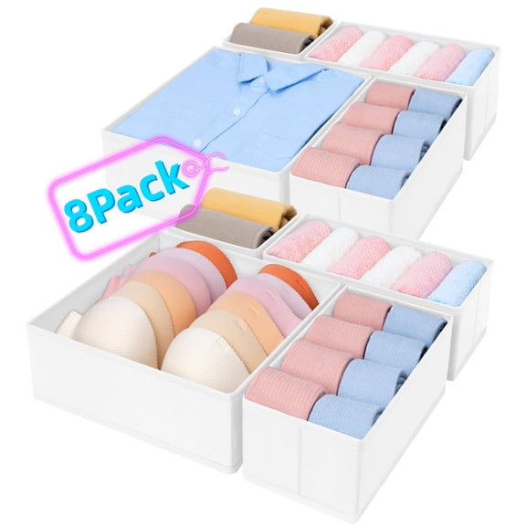 White Drawer Organizer Clothes 8 Pack Dresser Drawer Dividers Closet Storage Bins and Open Home Storage Bins for Jewelry Underwears Socks DIMJ