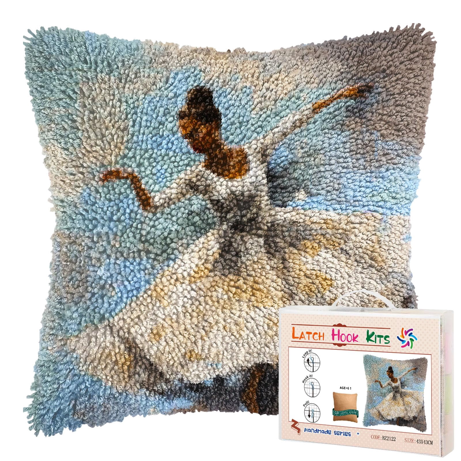 White Dress Ballerina Woman Dancing DIY Latch Hook Pillow Kits for Adults Printed Pillowcase Crochet Yarns Hooking Handmade Pillow Cover Cushion for Home Sofa Decoration 17x17inch(1)
