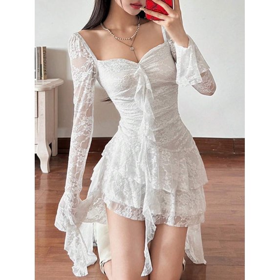 White Dress With Square Neck And Bell Sleeves