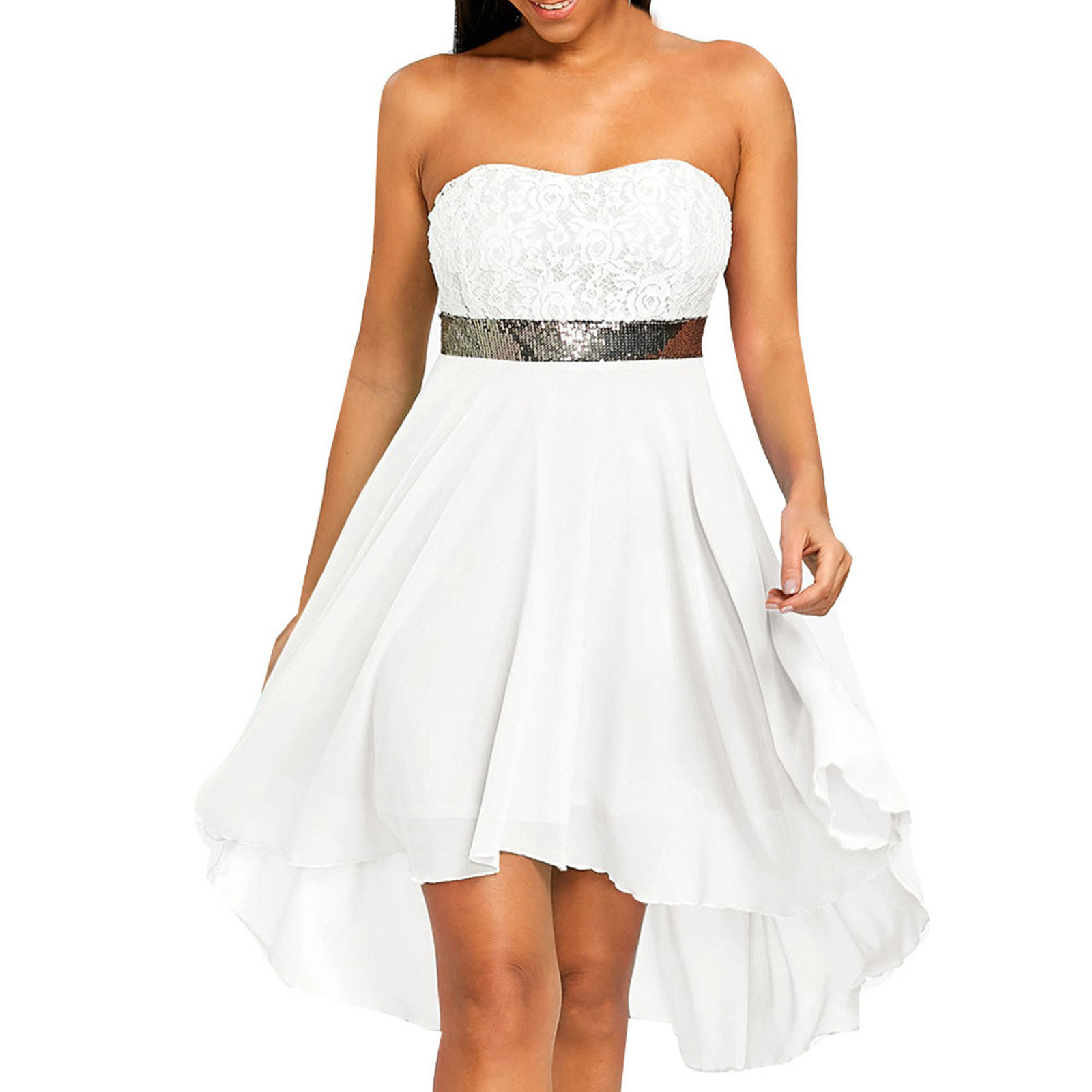 White Dress Women Crew Neck Casual Print Midi Dresses White L