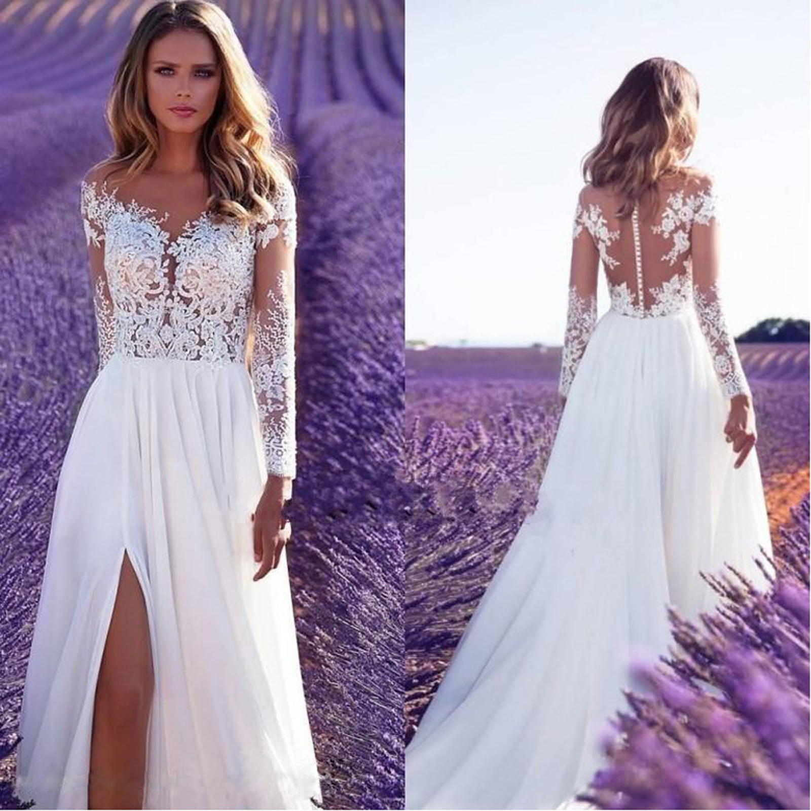 White Dress Women'S Long-Sleeved See-Through Lace Wedding Dress ...