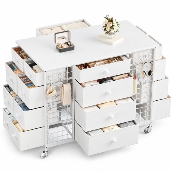 White Dresser with 24 Drawers and 4 Wheels, Closet Island Featuring Hooks, Large Storage Capacity, Easy to Move, Simple Assembly, Perfect Storage Organizer for Bedroom, Cloakroom, or Dressing Room