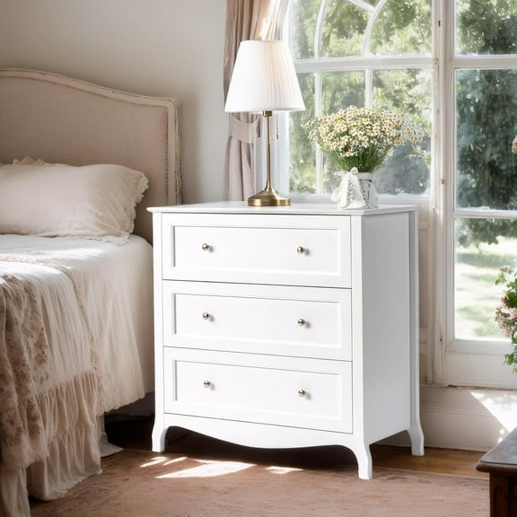 White Dresser 3 Drawer Chest of Drawers for Bedroom, Painted Wood Dresser with Large Drawers and Curved Legs, 31.5" W Large Nightstand, 31.5" W*15.75" D*31.5" H